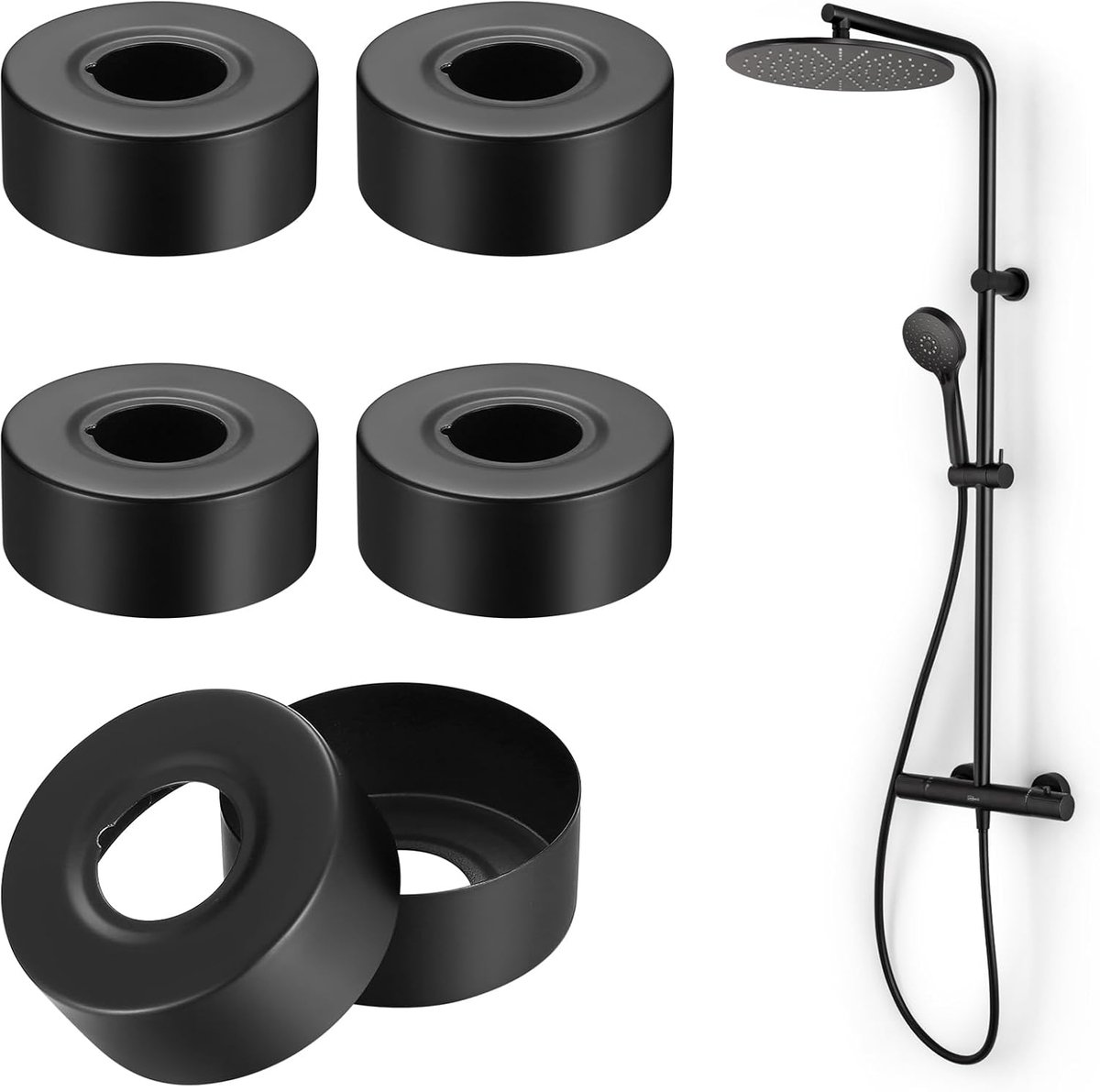 6 pieces - Rosettes - Rosette Covers for Pipes - Radiator Rosettes - Pipe Rosette Covers - Pipe Cover - Water Pipe Rosette - Tap Rosette - Stainless Steel Rosette Cover - for shower taps, taps, radiators - 66*66*30 mm - black - Image 1