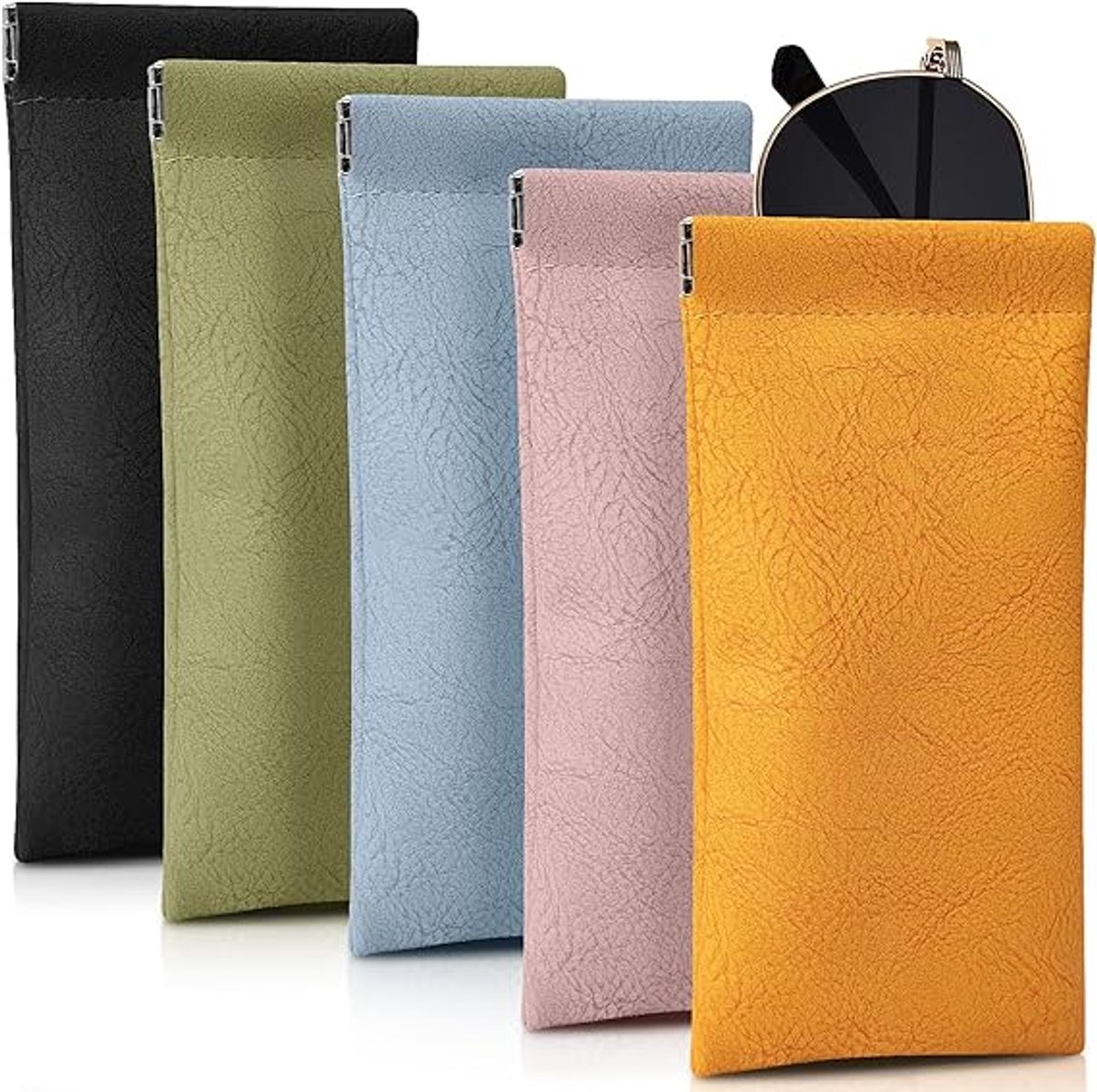 Glasses Bag - 5 pieces - Sunglasses storage case for men and women - Glasses storage bag with automatic spring bar closure - Portable - 180*90mm - Leather glasses bag (Pink/Orange/Blue/Green/Black) - Image 1
