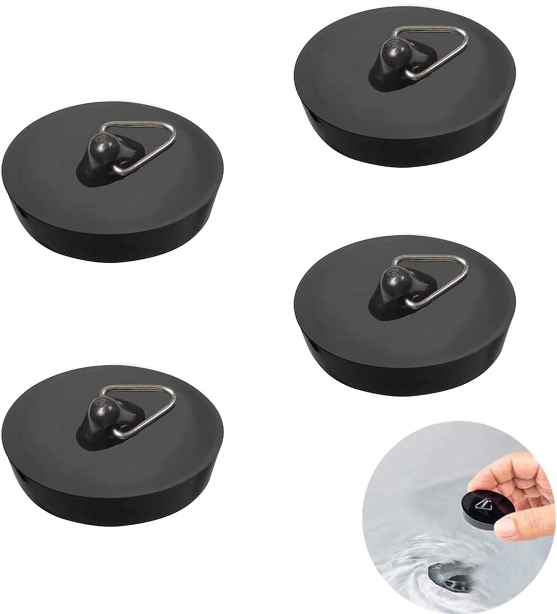 Universal Bath Stopper 4 Pieces - Sink Cap - Drain Stopper - Sink Plug - Plug Stopper - Universal Sink Stopper - Rubber Sink Plug with Hanging Ring - for Drain Ø 44 to 42 mm - Universal Plugs - For Bathtub, Kitchen, Bathroom - Black - Image 1