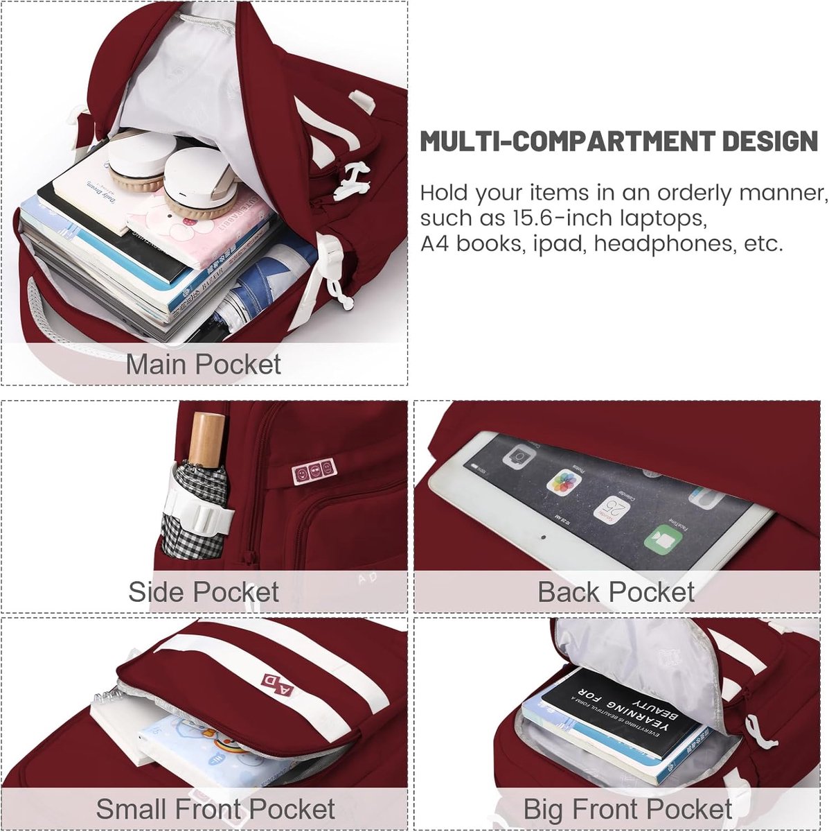 Waterproof backpack for girls - Girl Backpack - School backpack - lightweight school bag - School bag - Girls School Student School Bag - Large capacity backpacks for Girls and Boys - Teenagers - High School backpacks - Red - Image 3