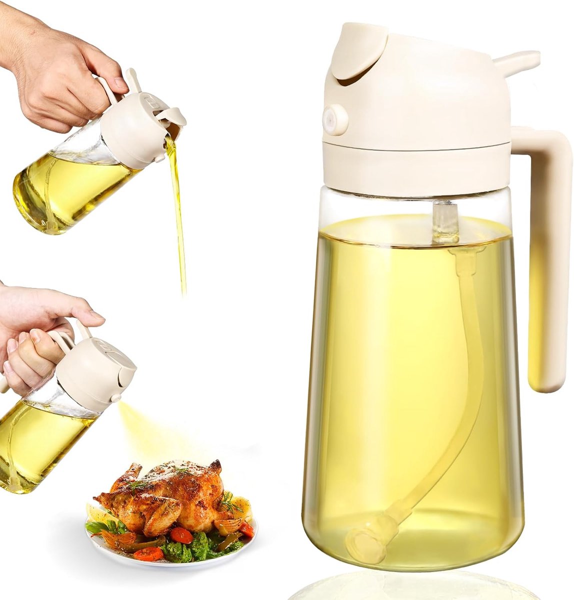 2-in-1 - Oil spray bottle - olive oil dispenser bottle - 470 ml - Olive oil sprayer - oil container - oil bottle - oil spray bottle - oil dispenser - oil atomizer - glass oil spray - kitchen utensil - spray and pour - for kitchen, BBQ, barbecue - white - Image 1