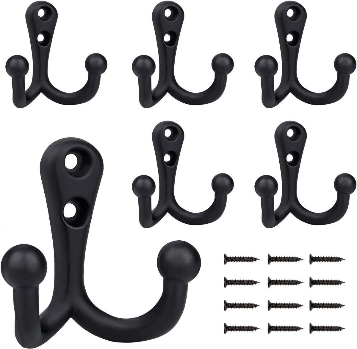 6 pieces - 54*49mm - Hook - Clothes hook - Retro double coat hooks - Wall hook - Metal hook - Universal hooks - with 12 screws - for coat, scarf, bag, towel, key, cap, cup, hat - black - Image 1