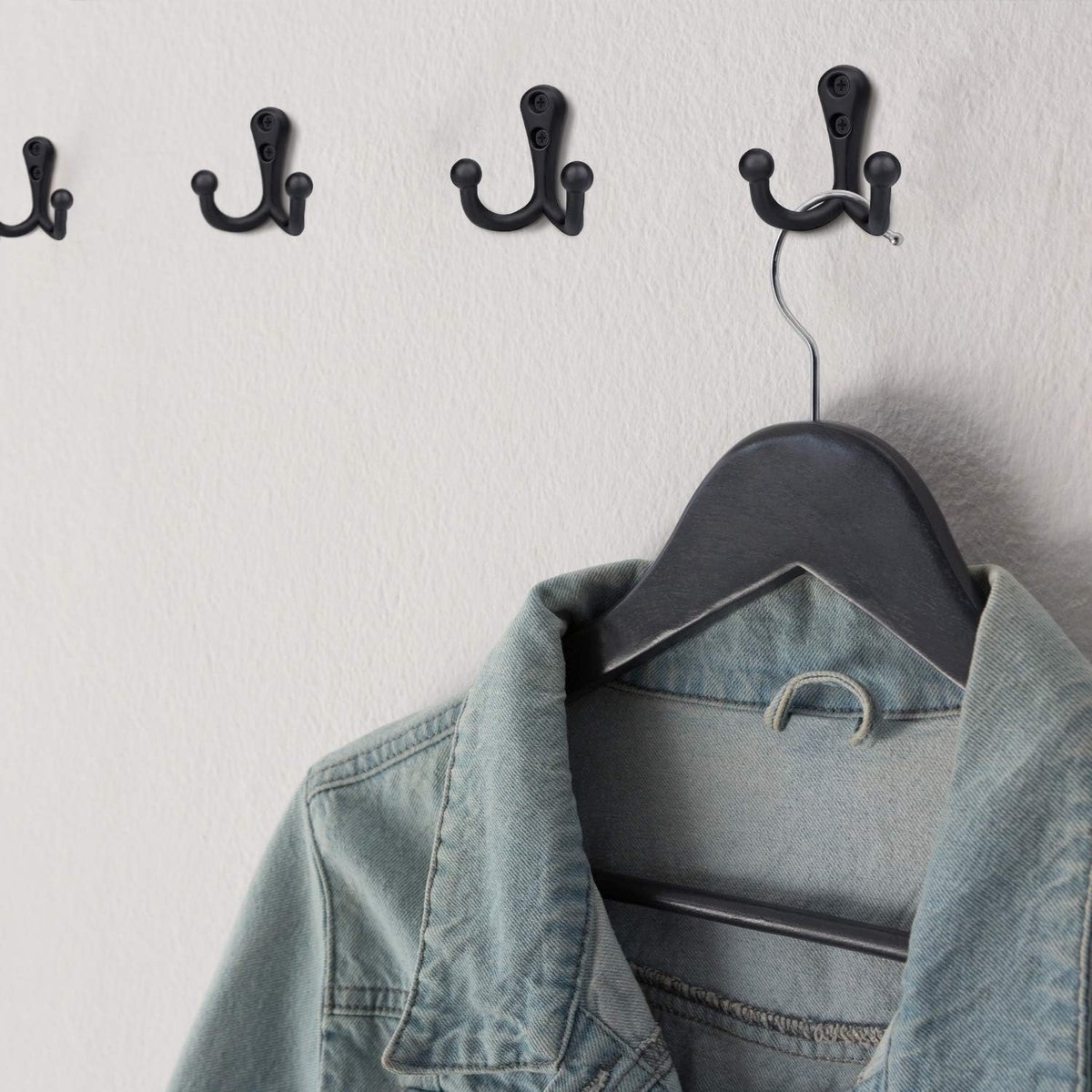 6 pieces - 54*49mm - Hook - Clothes hook - Retro double coat hooks - Wall hook - Metal hook - Universal hooks - with 12 screws - for coat, scarf, bag, towel, key, cap, cup, hat - black - Image 3