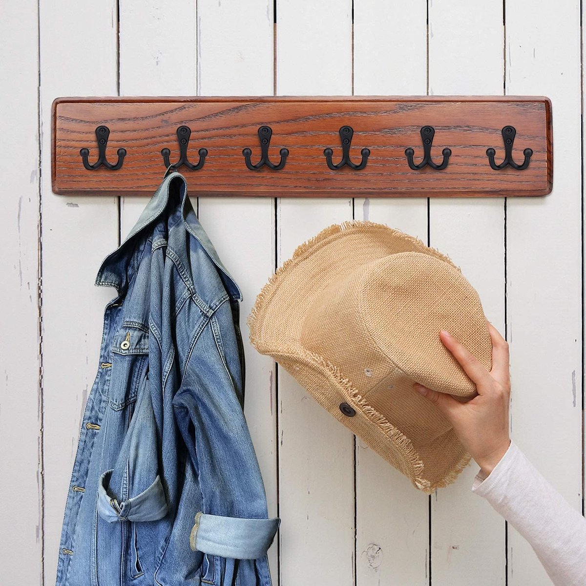 6 pieces - 54*49mm - Hook - Clothes hook - Retro double coat hooks - Wall hook - Metal hook - Universal hooks - with 12 screws - for coat, scarf, bag, towel, key, cap, cup, hat - black - Image 4