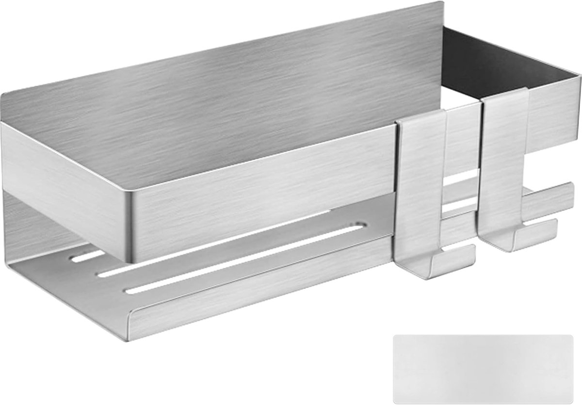 Stainless Steel Shower Rack - No Drilling Required - Wall Rack - Shower Rack - Shower Rack - Self-adhesive Shower Basket - Small Wall Rack - With Perfect Grip - Bathroom Shelf - with 2 Hooks - Bathroom Rack Shelf - Shower Basket 22 cm - Silver - Image 1
