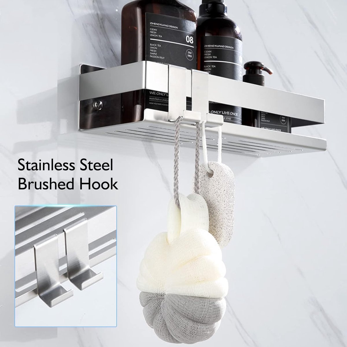 Stainless Steel Shower Rack - No Drilling Required - Wall Rack - Shower Rack - Shower Rack - Self-adhesive Shower Basket - Small Wall Rack - With Perfect Grip - Bathroom Shelf - with 2 Hooks - Bathroom Rack Shelf - Shower Basket 22 cm - Silver - Image 2