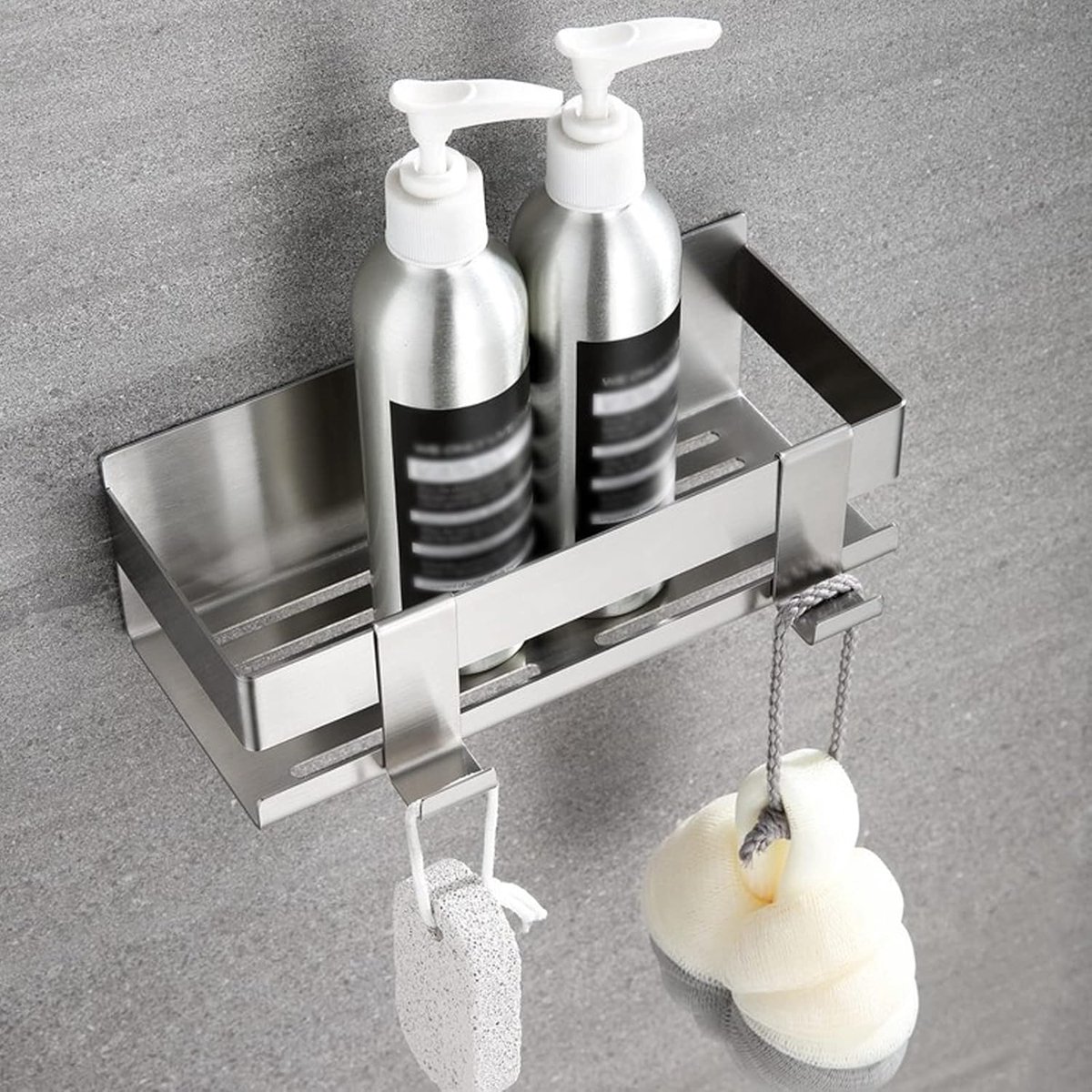 Stainless Steel Shower Rack - No Drilling Required - Wall Rack - Shower Rack - Shower Rack - Self-adhesive Shower Basket - Small Wall Rack - With Perfect Grip - Bathroom Shelf - with 2 Hooks - Bathroom Rack Shelf - Shower Basket 22 cm - Silver - Image 3