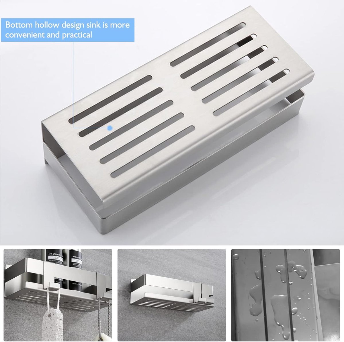 Stainless Steel Shower Rack - No Drilling Required - Wall Rack - Shower Rack - Shower Rack - Self-adhesive Shower Basket - Small Wall Rack - With Perfect Grip - Bathroom Shelf - with 2 Hooks - Bathroom Rack Shelf - Shower Basket 22 cm - Silver - Image 5