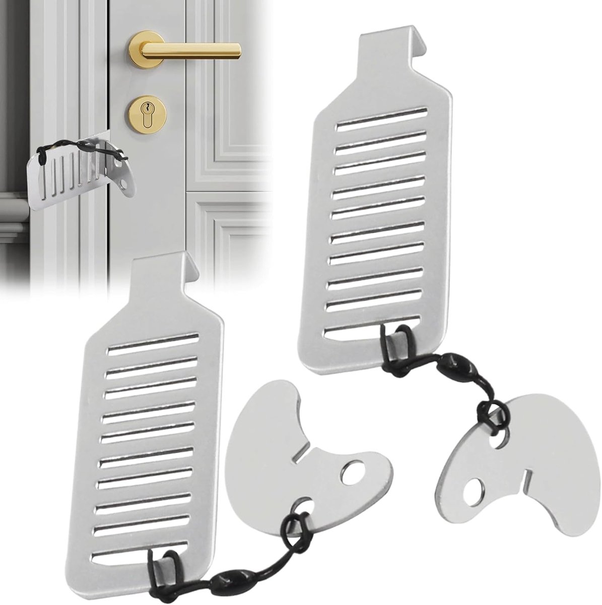 2 pieces - Door stopper - Portable door lock - Lock - Portable security door locks - Anti-theft door stopper - Anti-burglary door stopper - theft protection - for travel, apartments, hotels, schools, vacation homes - 8*3 cm - silver - Image 1