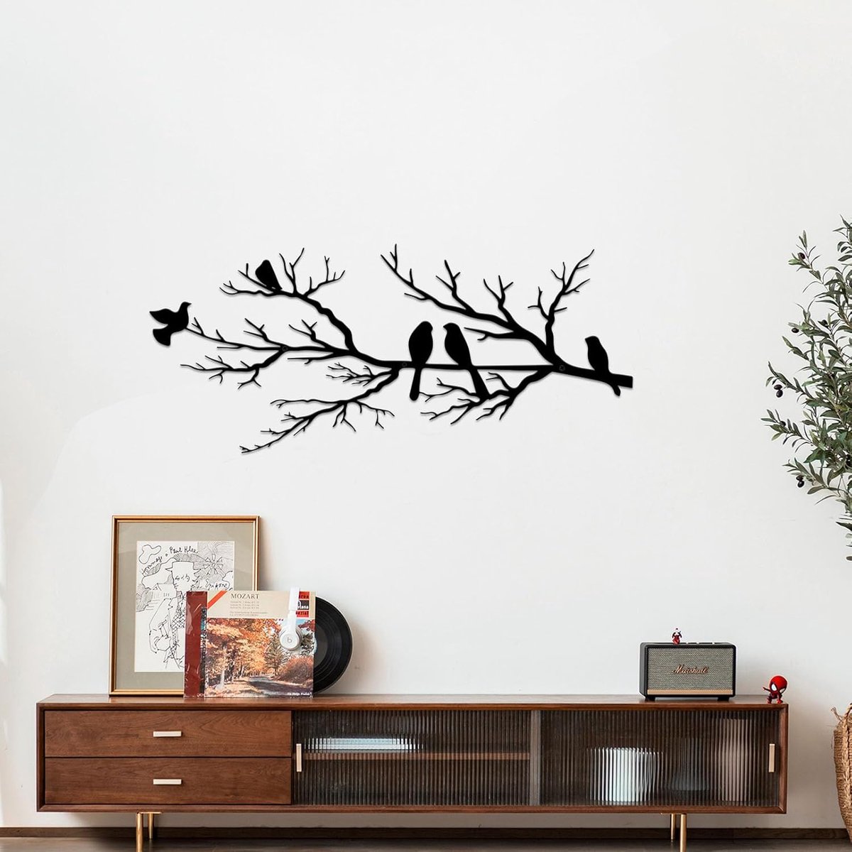 Metal Birds Wall Art - Metal Bird Wall Decoration - Vivid Birds on Branch Silhouette Wall Decor - Black Leaves with Bird - Tree Branch Silhouette - Outdoor Hanging Wall Sculpture - Hanging - for Home Balcony Garden - 43x18.6cm - Black - Image 1