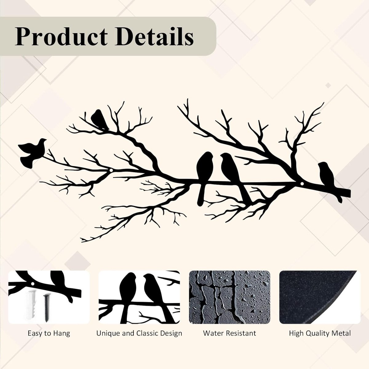 Metal Birds Wall Art - Metal Bird Wall Decoration - Vivid Birds on Branch Silhouette Wall Decor - Black Leaves with Bird - Tree Branch Silhouette - Outdoor Hanging Wall Sculpture - Hanging - for Home Balcony Garden - 43x18.6cm - Black - Image 3