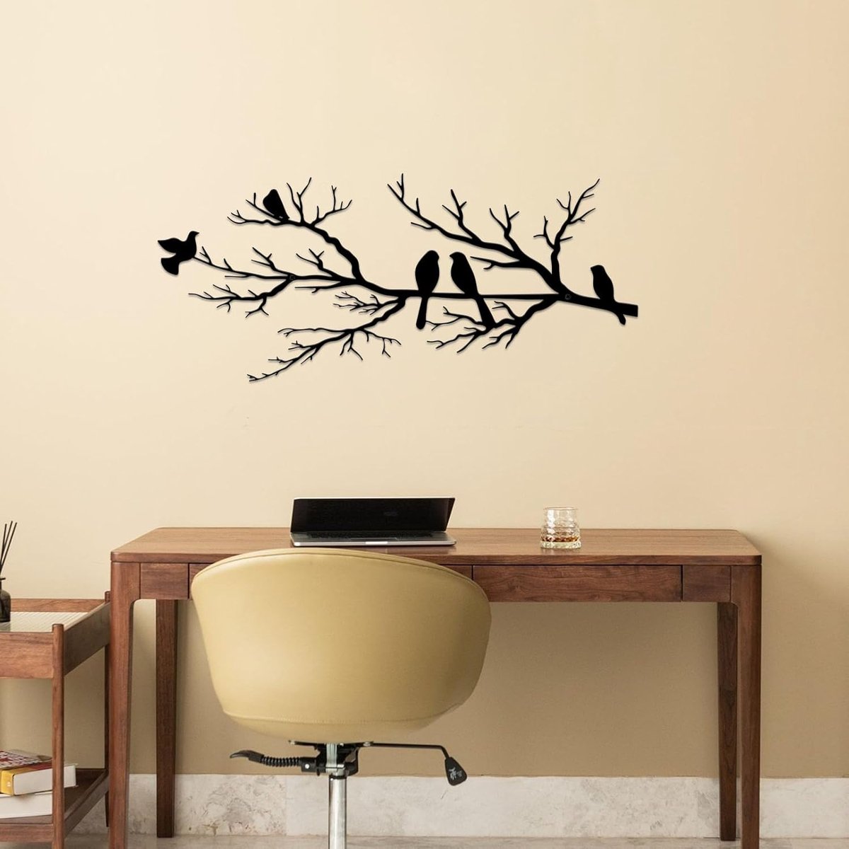 Metal Birds Wall Art - Metal Bird Wall Decoration - Vivid Birds on Branch Silhouette Wall Decor - Black Leaves with Bird - Tree Branch Silhouette - Outdoor Hanging Wall Sculpture - Hanging - for Home Balcony Garden - 43x18.6cm - Black - Image 4