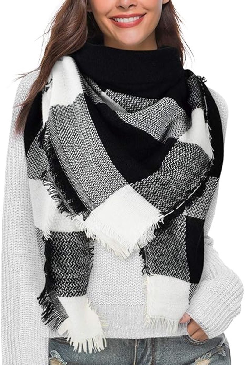 scarf - women's scarf - Women's Triangle Scarf - women's winter scarf - small scarves for women - Women's Wrap - Triangular scarf - Scarf with fringe - Faux cashmere - Warm for autumn and winter - Large checked tassel scarf - Black & White - Image 1