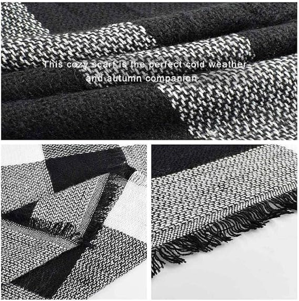 scarf - women's scarf - Women's Triangle Scarf - women's winter scarf - small scarves for women - Women's Wrap - Triangular scarf - Scarf with fringe - Faux cashmere - Warm for autumn and winter - Large checked tassel scarf - Black & White - Image 4