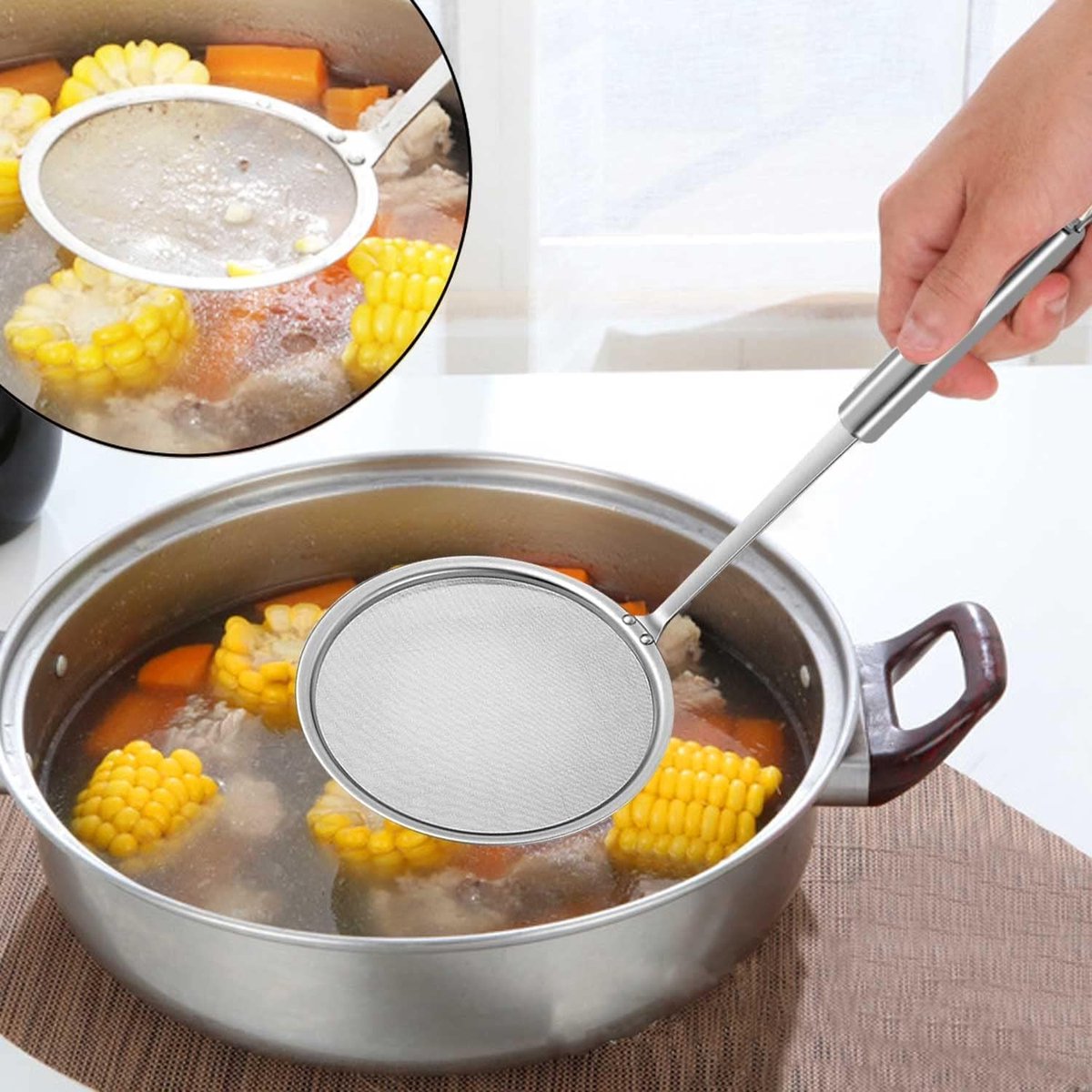 2 Pieces Stainless Steel Kitchen Sieve - Food Sieve - Sieve - Skimmer - Spoon-skimmer with handle and colander - Frying Spatula - for noodles / rice / vegetables / egg whites etc. - Colander - for filter residue - Skimmer Spoon - Silver - ø10 cm - Image 2