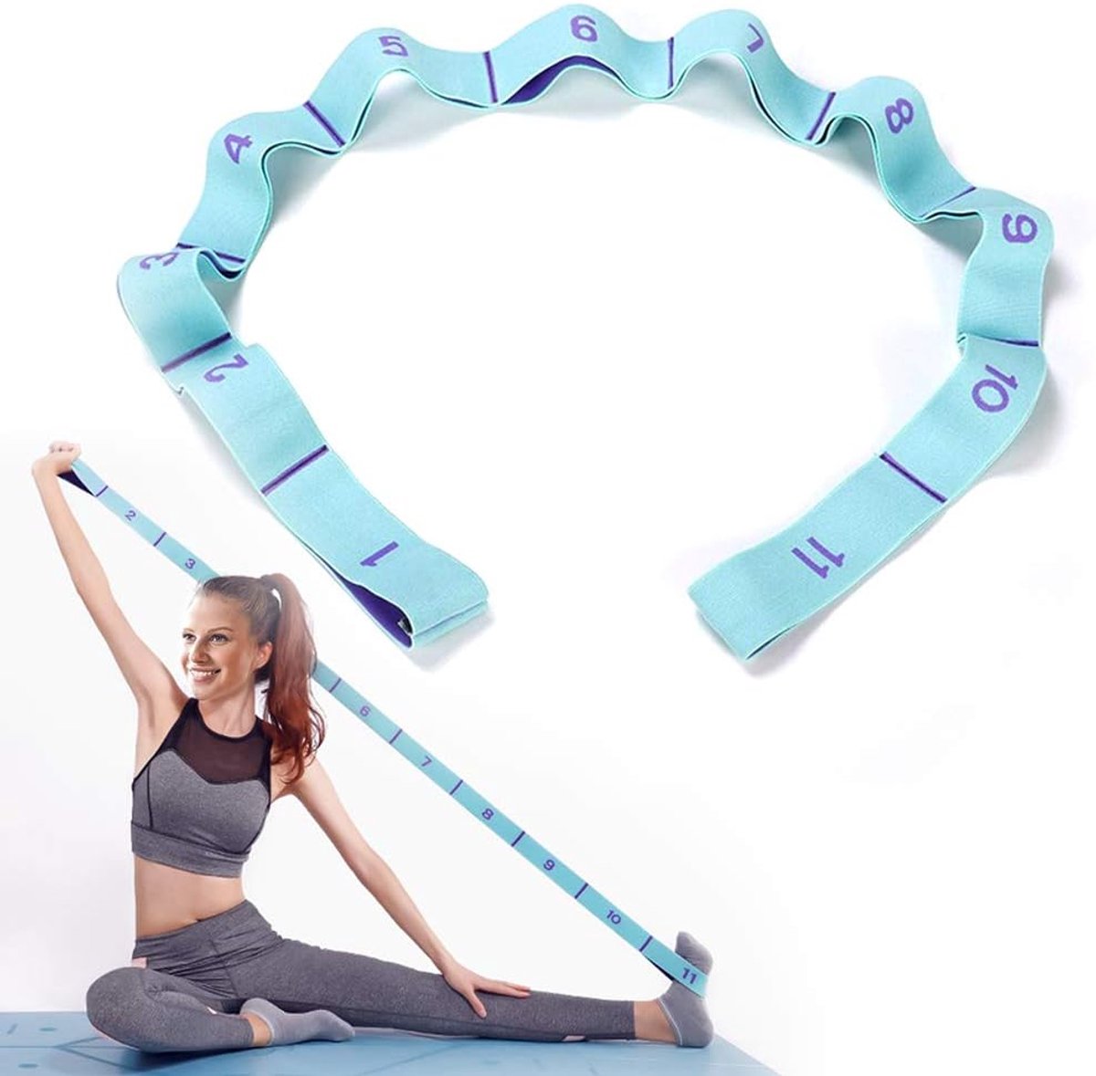 125*4 cm - Yoga resistance band - Yoga stretch band - Yoga exercise band - Stretch band - with 11 rings - Resistance band - for training, pilates, dance and fitness - blue purple - Image 1