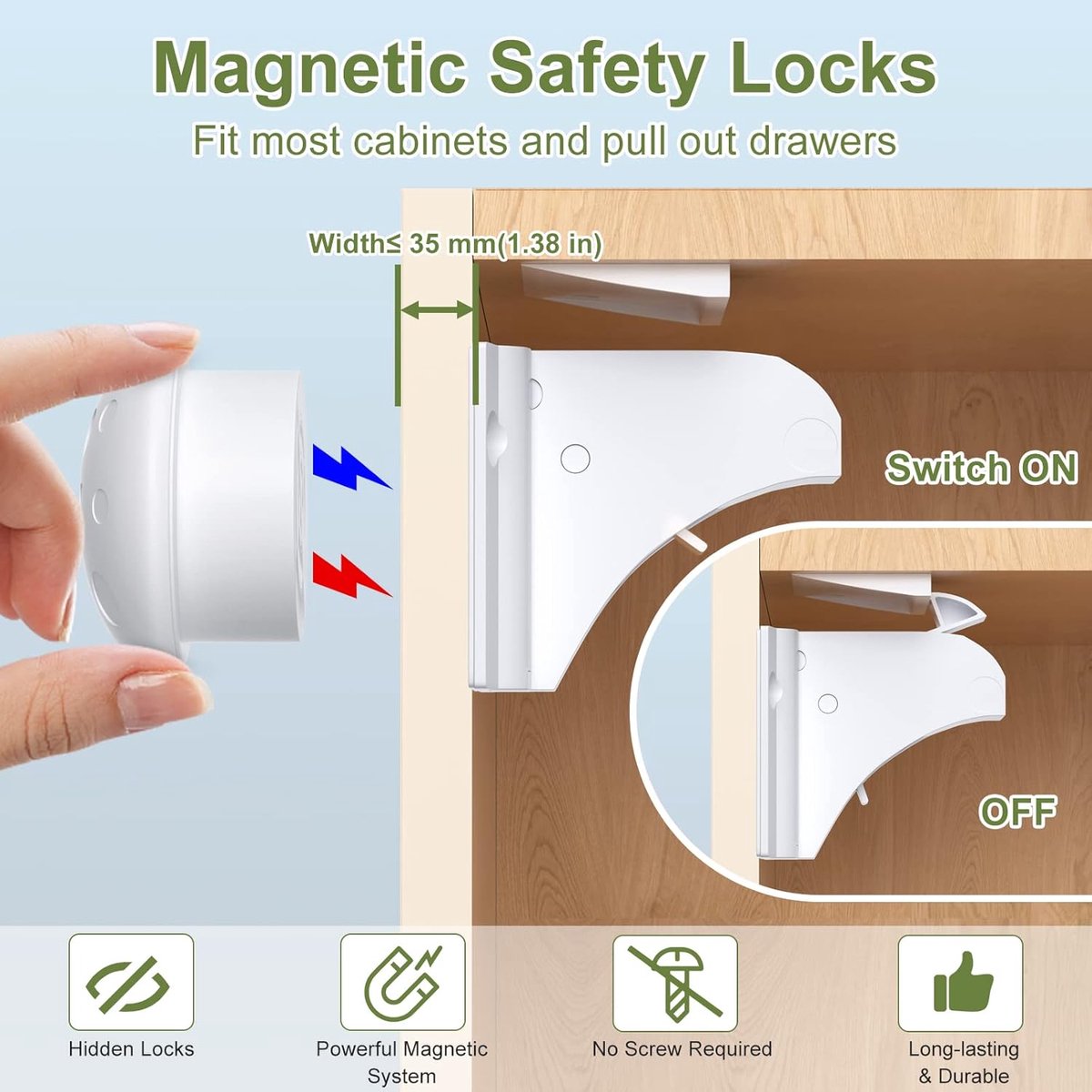 Child Locks for Cabinets - 8 Child Locks + 2 Keys - Cabinet Security for Children - Magnetic Child Lock - Invisible Child Lock - Magnetic Child Lock - Safety Lock for Cabinets - Baby Security - baby lock - child locks - White - Image 3