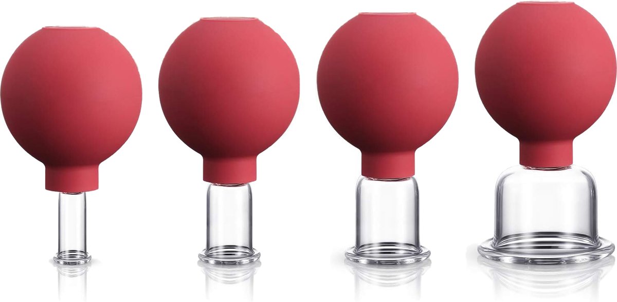 4-Piece Cupping Set - Silicone Face Cups - Cellulite Cups - Glass Facial Cupping Set - Facial Cupping - Vacuum Massage Therapy - Face Cupping - Massage Cups - cups for body, face, leg, arm, back, shoulder, muscle and joint pain - Red - Image 1