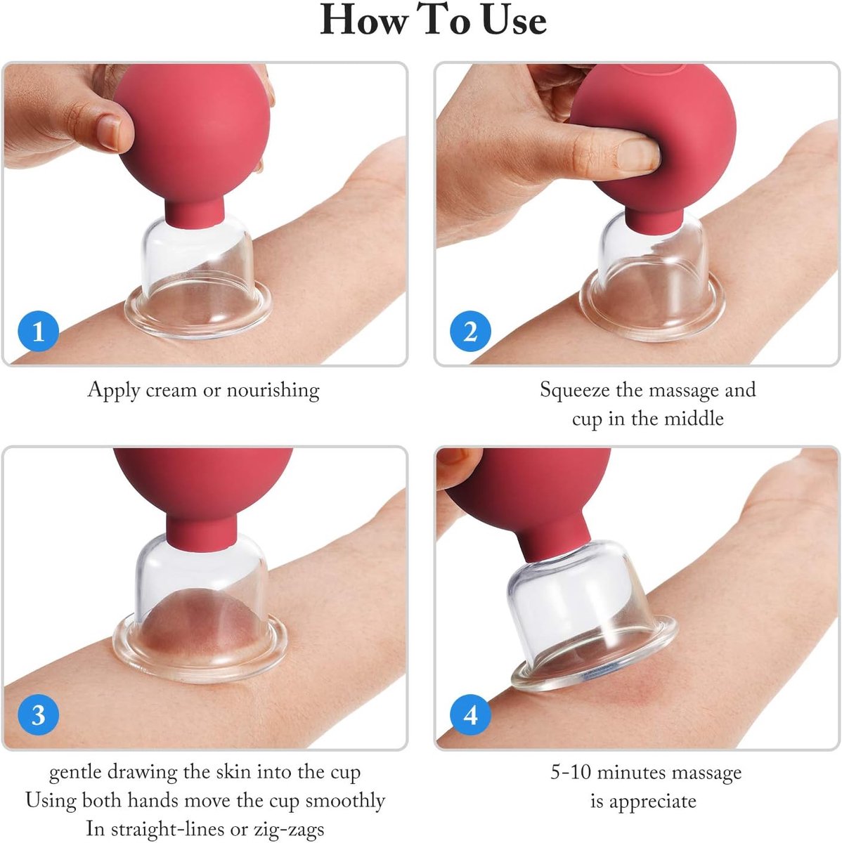 4-Piece Cupping Set - Silicone Face Cups - Cellulite Cups - Glass Facial Cupping Set - Facial Cupping - Vacuum Massage Therapy - Face Cupping - Massage Cups - cups for body, face, leg, arm, back, shoulder, muscle and joint pain - Red - Image 5
