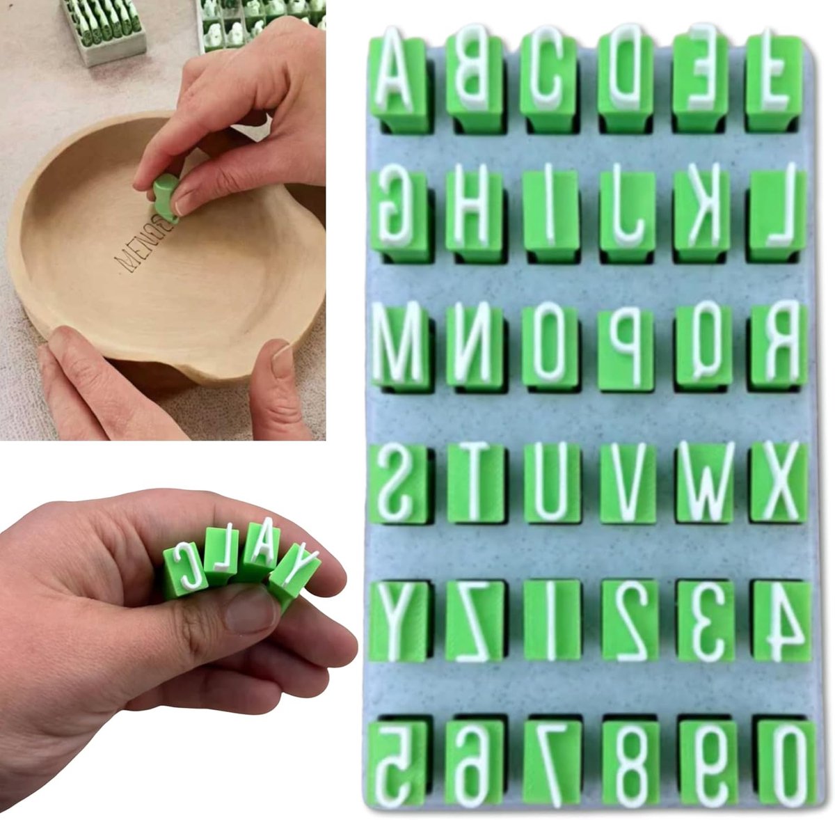 Stamps - Alphabet stamping tools - Clay stamps - Alphabet Stamp Set - Portable crafting material - Alphabet, numbers and symbols - DIY craft molds - for scrapbooking, art projects - with storage box - green - plastic uppercase letters - Image 1