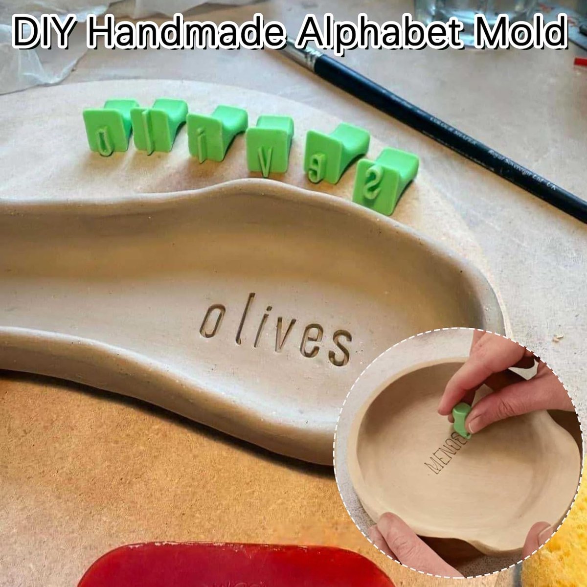 Stamps - Alphabet stamping tools - Clay stamps - Alphabet Stamp Set - Portable crafting material - Alphabet, numbers and symbols - DIY craft molds - for scrapbooking, art projects - with storage box - green - plastic uppercase letters - Image 2