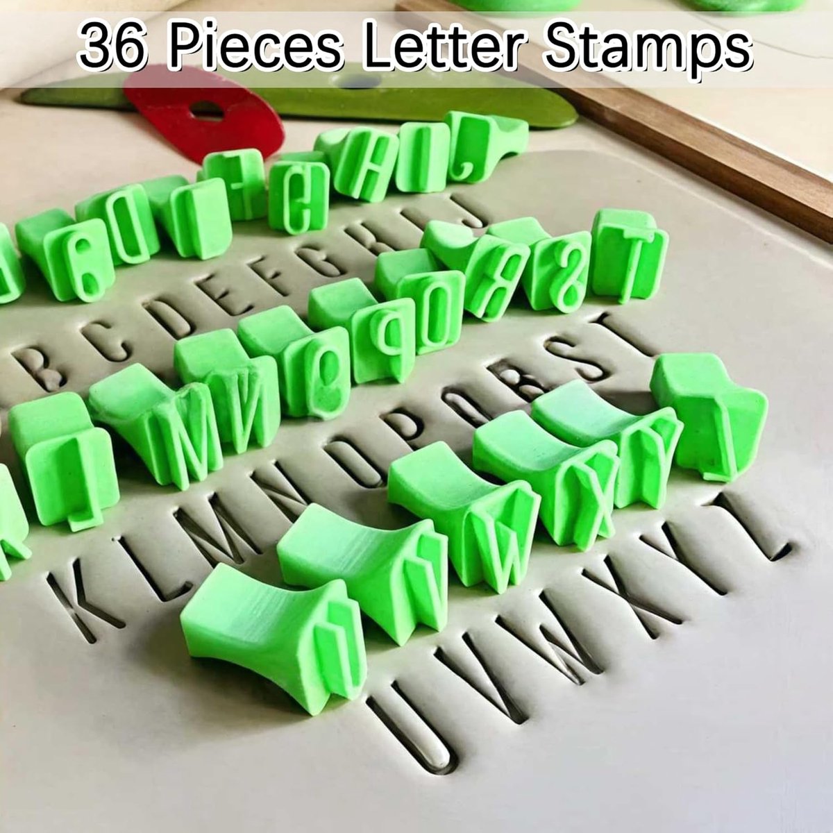 Stamps - Alphabet stamping tools - Clay stamps - Alphabet Stamp Set - Portable crafting material - Alphabet, numbers and symbols - DIY craft molds - for scrapbooking, art projects - with storage box - green - plastic uppercase letters - Image 4