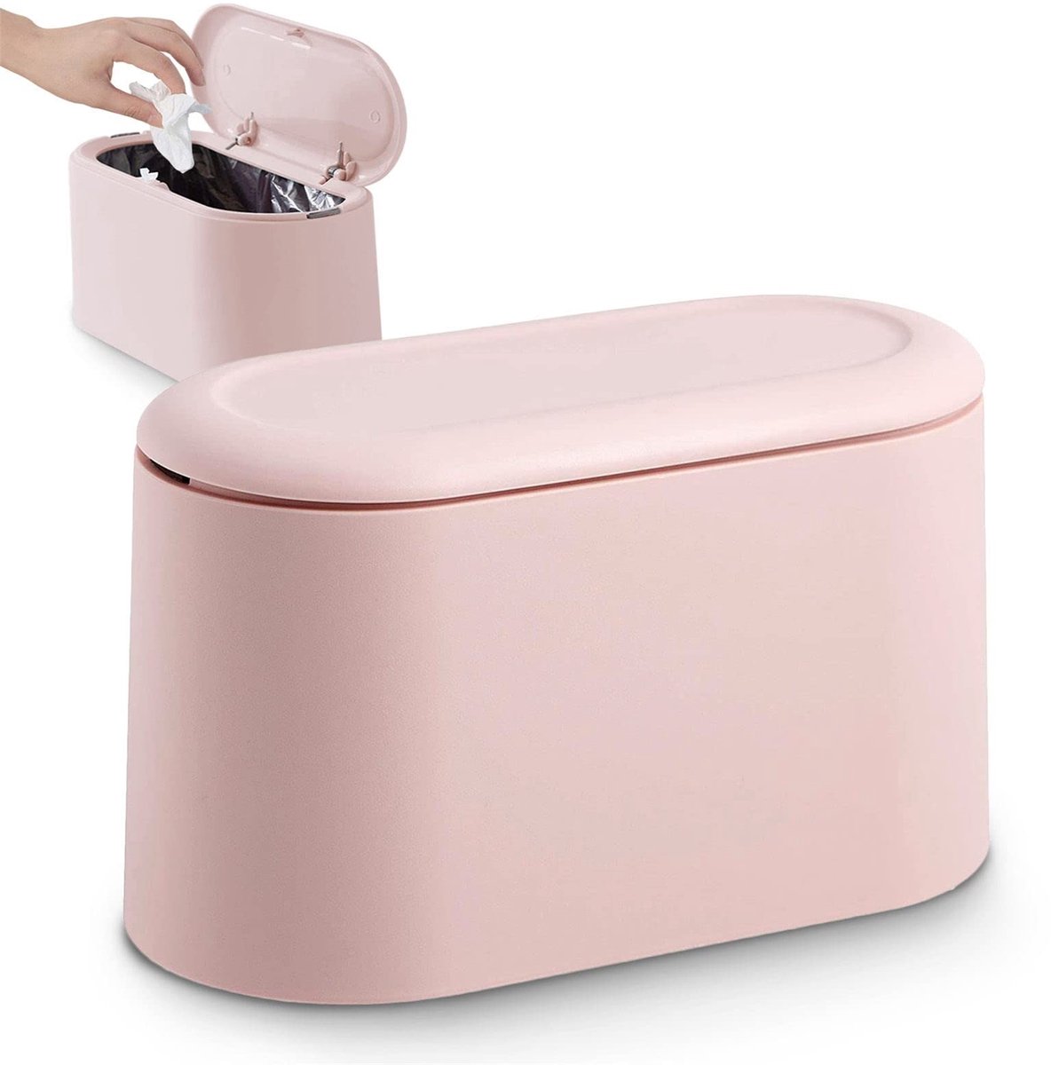 Small Trash Can - Small Tabletop Bin with Push Button Lid - Sturdy - Countertop Waste Bin - Trash Can - Tabletop Waste Bin - Plastic Trash Can - for Office, Bathroom, Kitchen and Bedroom - Pet Food Storage - Pink - Image 1
