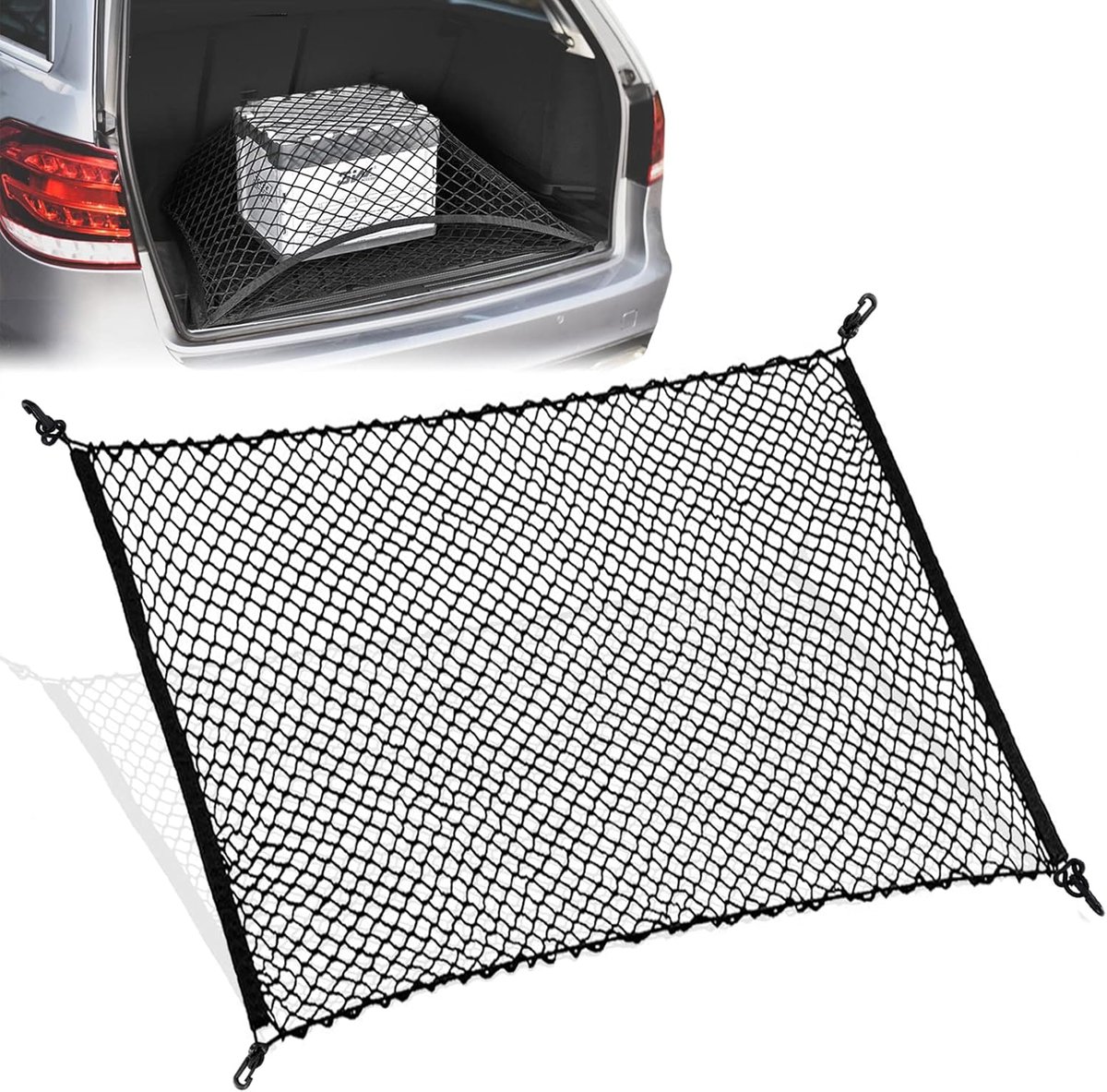 Elastic Trunk Net - 110 × 60 CM - Trunk Net with 4 Hooks - Car Trunk Cargo Organizer Net - Car Organizer - Car Trunk Net - Luggage Net - Universal Car Luggage Net - Luggage Net - Trunk Net - For Most Cars - Black - Image 1