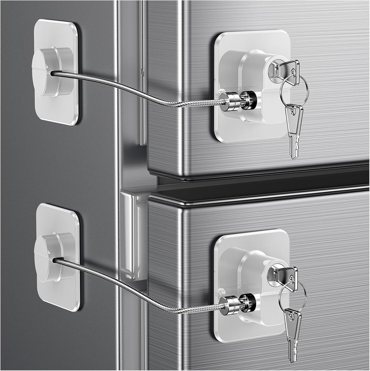 2-Pack Refrigerator Locks - with Keys - for Children, Toddlers, and Adults - Self-Adhesive Refrigerator Lock - for Refrigerator, Cabinets & Drawers, Oven, Windows - Child Safety - White - Image 1