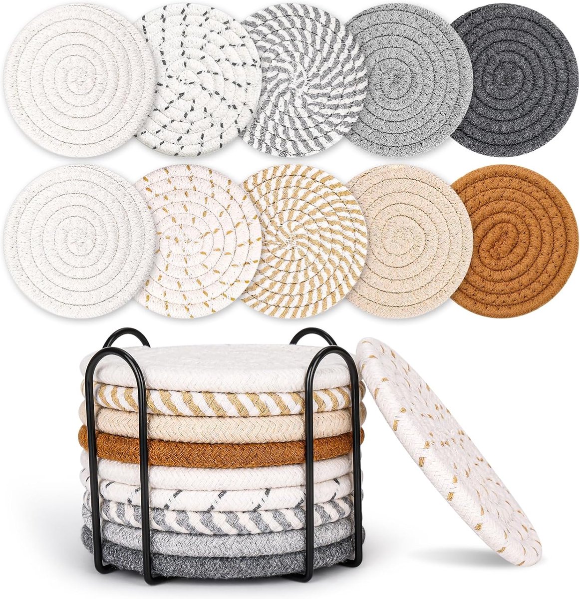 Set of 10 Round Coasters with Stand - Coaster Set - Thermal Insulation - Non-Slip Braided Cotton Coasters - Coasters for Glasses - for Glasses - For Drinks, Bar, Cups, Table Coasters - Grey/Khaki - Image 1