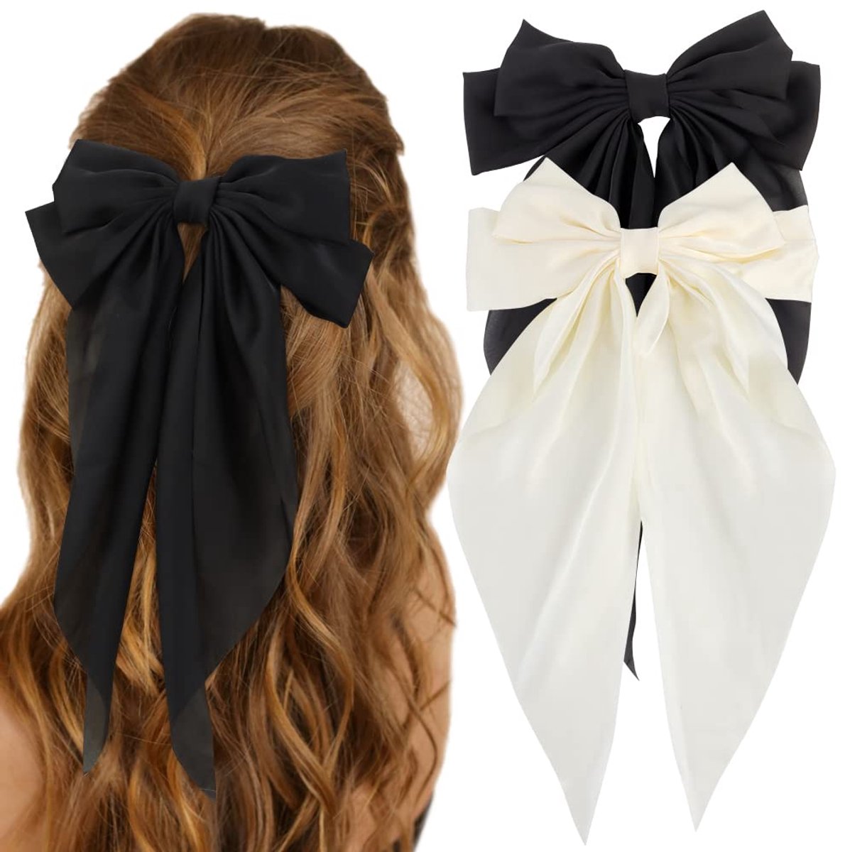 2 pieces - Hair clamp - butterfly hairpin - Hairpin - Hair clip - Hair ornament - Bows of silky soft satin ribbon - Hair accessories - Hair accessories - Hair clamps - large bows for women - Headbands - Bows - Black/White - Image 1
