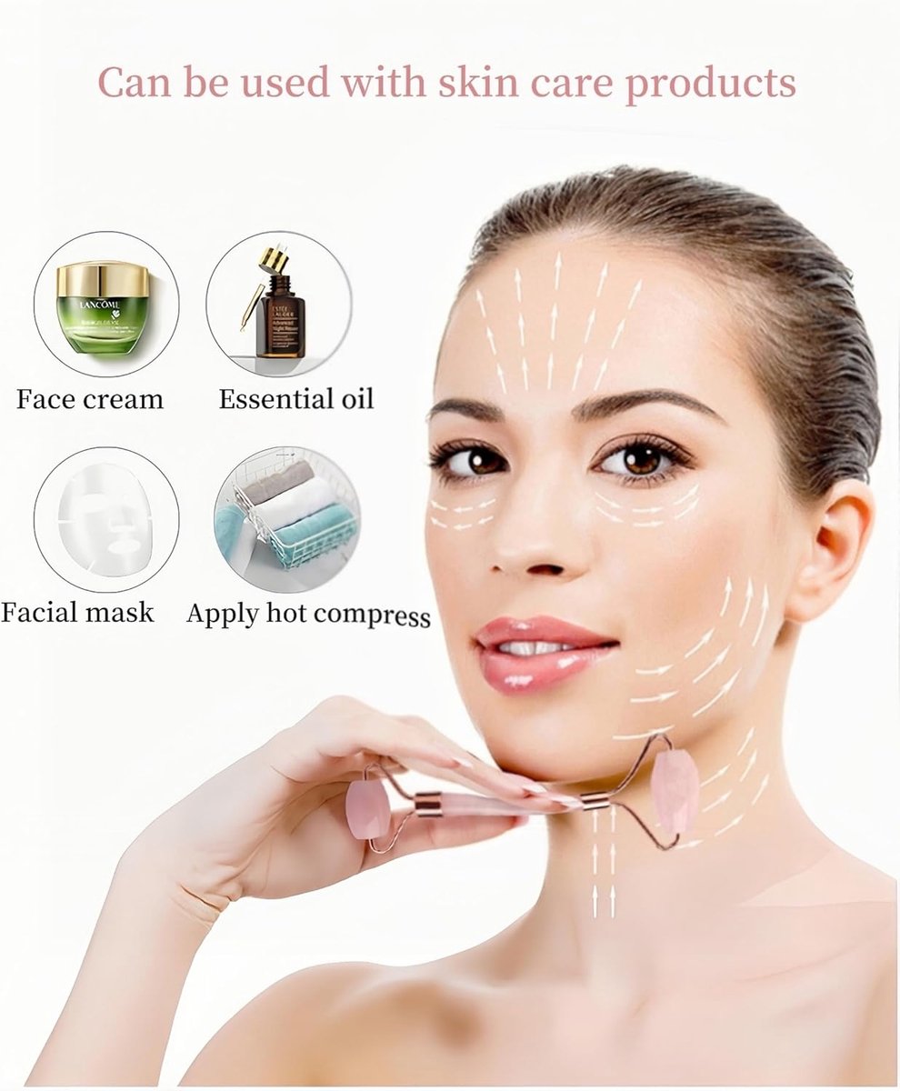 Rose Quartz Jade Roller & Gua Sha Stone - Facial Roller & Gua Sha Set - Natural Jade Roller - Facial Roller - Jade Roller - Facial Massage - for Lymphatic Drainage, Anti-Aging, Wrinkle Reduction, Anti-Puffiness & Radiant Skin - Image 3