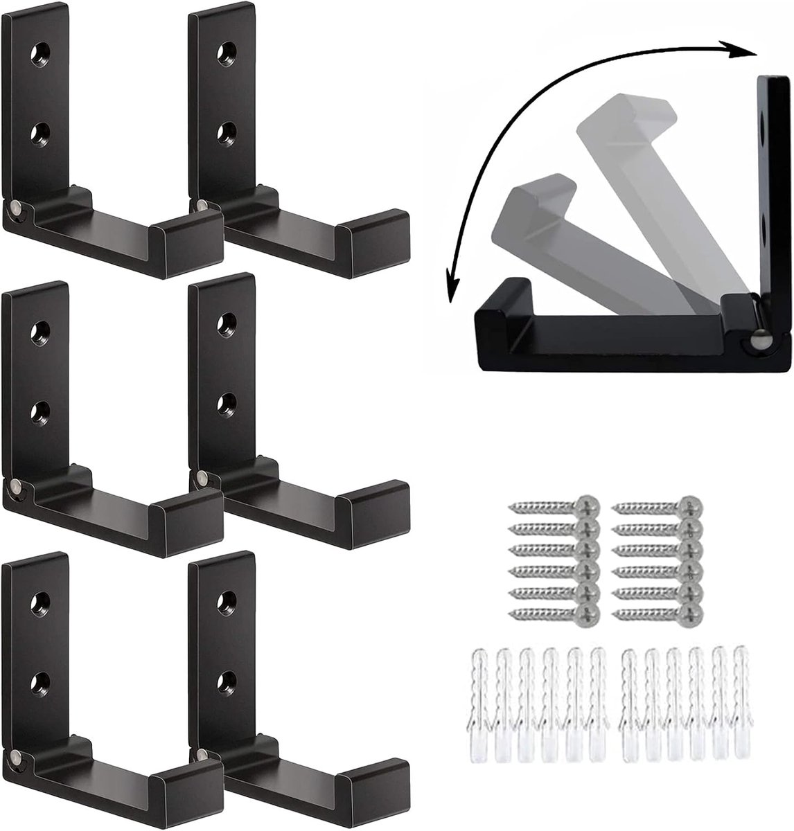 6 pieces - Foldable wall hooks - 6.7*7.5*2.5 cm - Clothes hook - concealable clothes hooks - heavy-duty wall hooks - aluminum hooks - with screws - foldable hooks - for hanging coats, bags, hats, and keys - black - Image 1