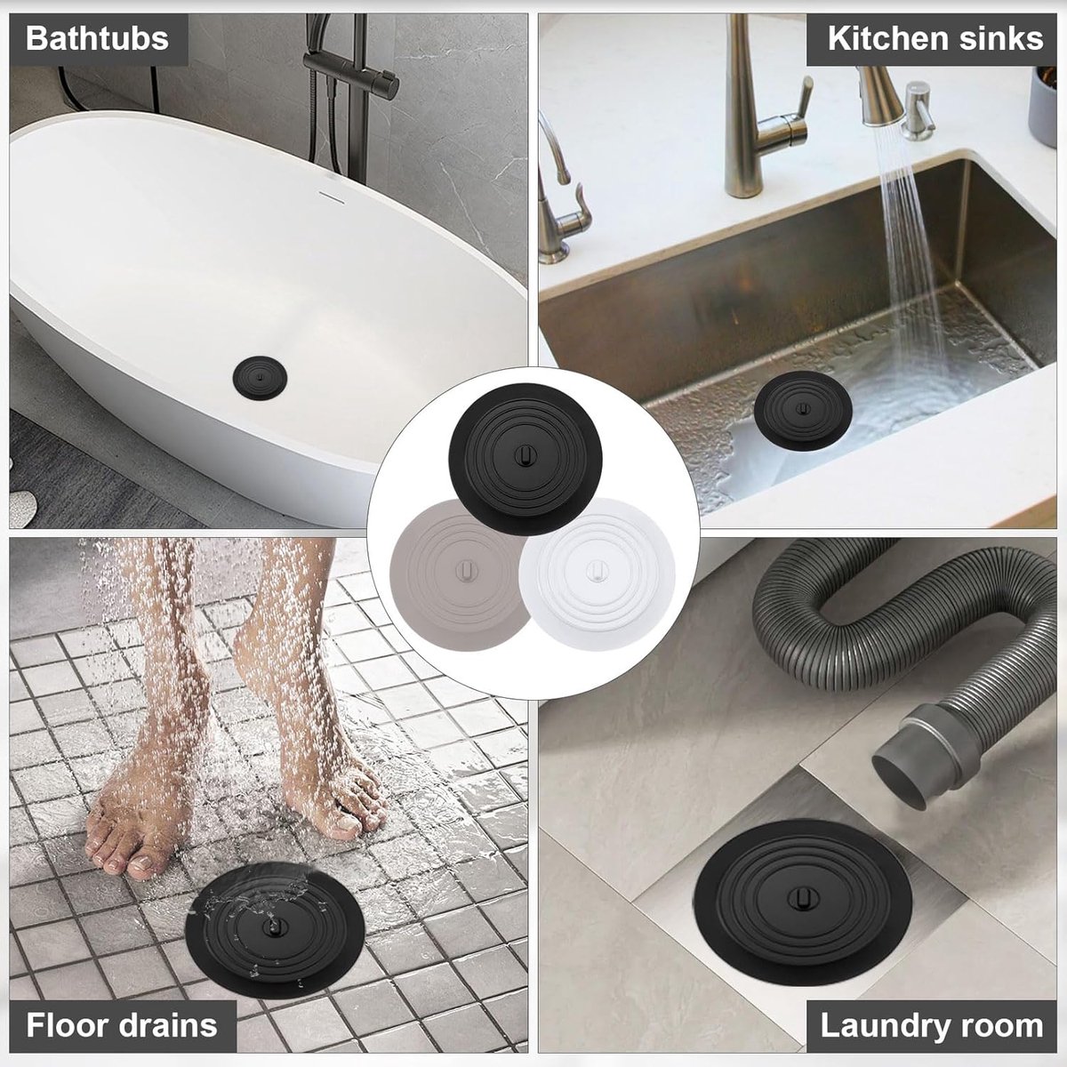 Drain Stopper - 3 Pieces - 15 cm Diameter - White, Grey and Black - Drain Plug - Universal Sink Stopper - Silicone - Bath Stopper - Anti-Clog - For Sink Washbasin Bath Shower Tray Kitchen Washbasin Bathtub Countertop - Image 4