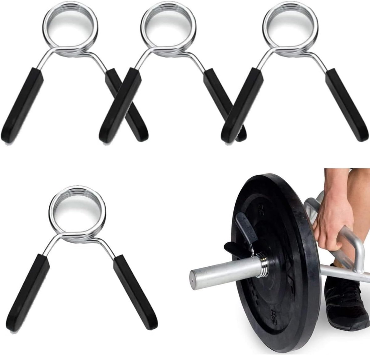 4 pieces - Barbell Clamp - 2.8 cm - Spring Barbell Clamp - Dumbbell Clip - Spring Clips for Weights - Barbell Bars - Clamp Ring - Spring Clips - Locking Clip Ring Bodybuilding - for Weightlifting, Training Barbell, Bars, Plates, Gym - Black - Image 1