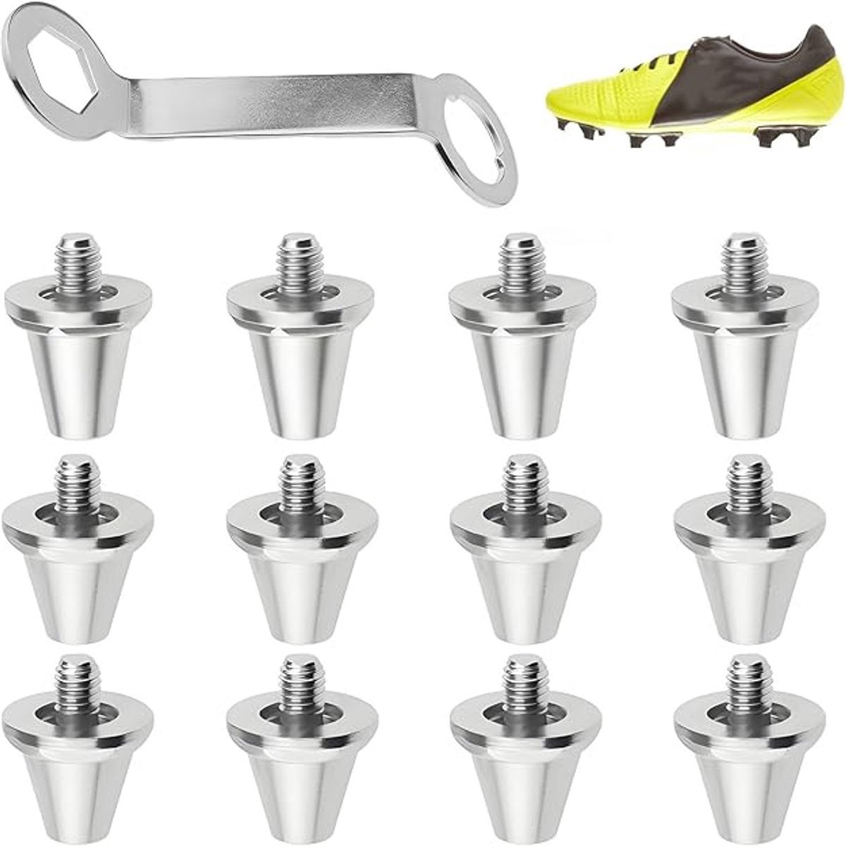 12 pieces - football studs - replacement metal football studs - 8 11mm and 4 13mm football studs - with tools - replacement football studs for football boots - football boot accessories - silver - Image 1