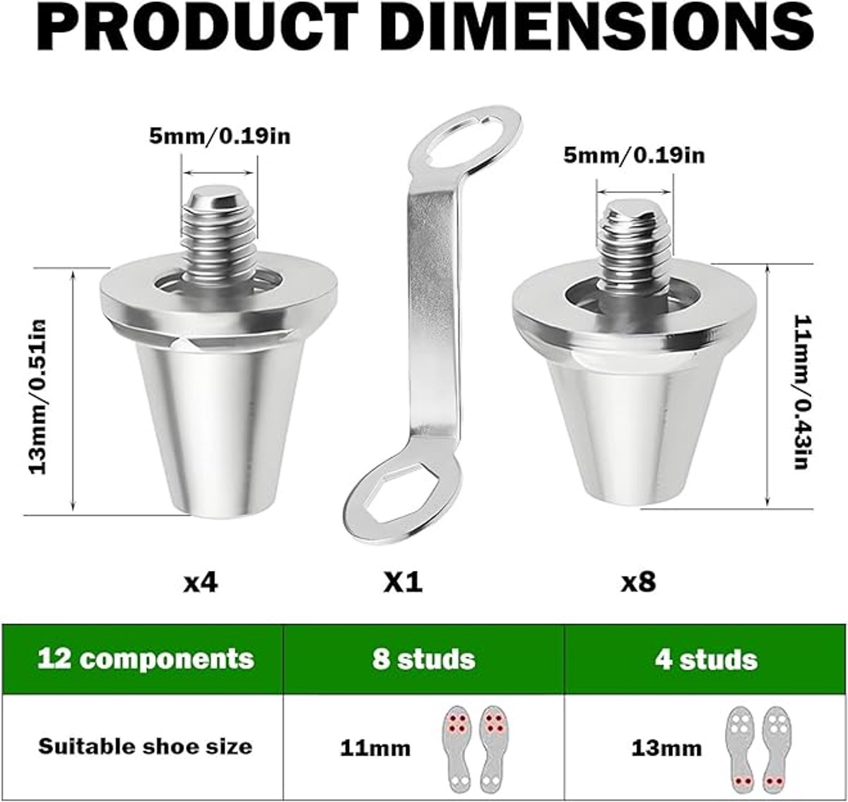 12 pieces - football studs - replacement metal football studs - 8 11mm and 4 13mm football studs - with tools - replacement football studs for football boots - football boot accessories - silver - Image 2