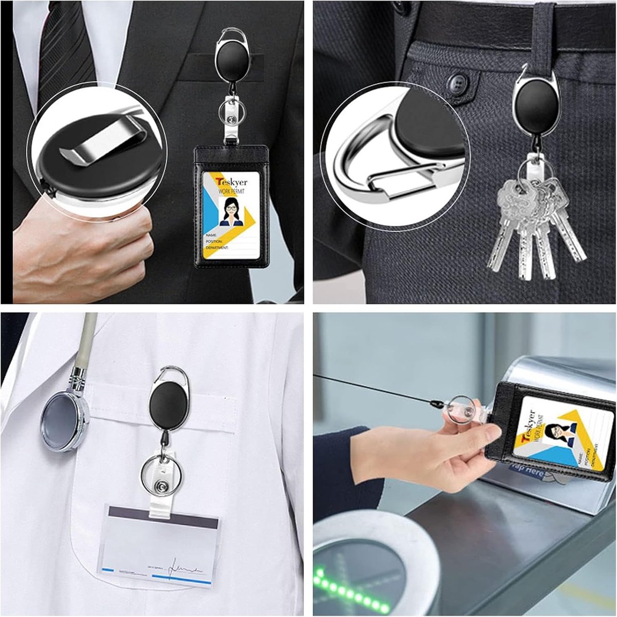 10 Retractable Badge Holders - Extendable Keychain - with Carabiner Belt Clip - D-Clip - Extendable Lanyard Keychain - Keys and Cards - Card Holder Drawstring - Keychain for ID Card Holder and Keychain - Image 2