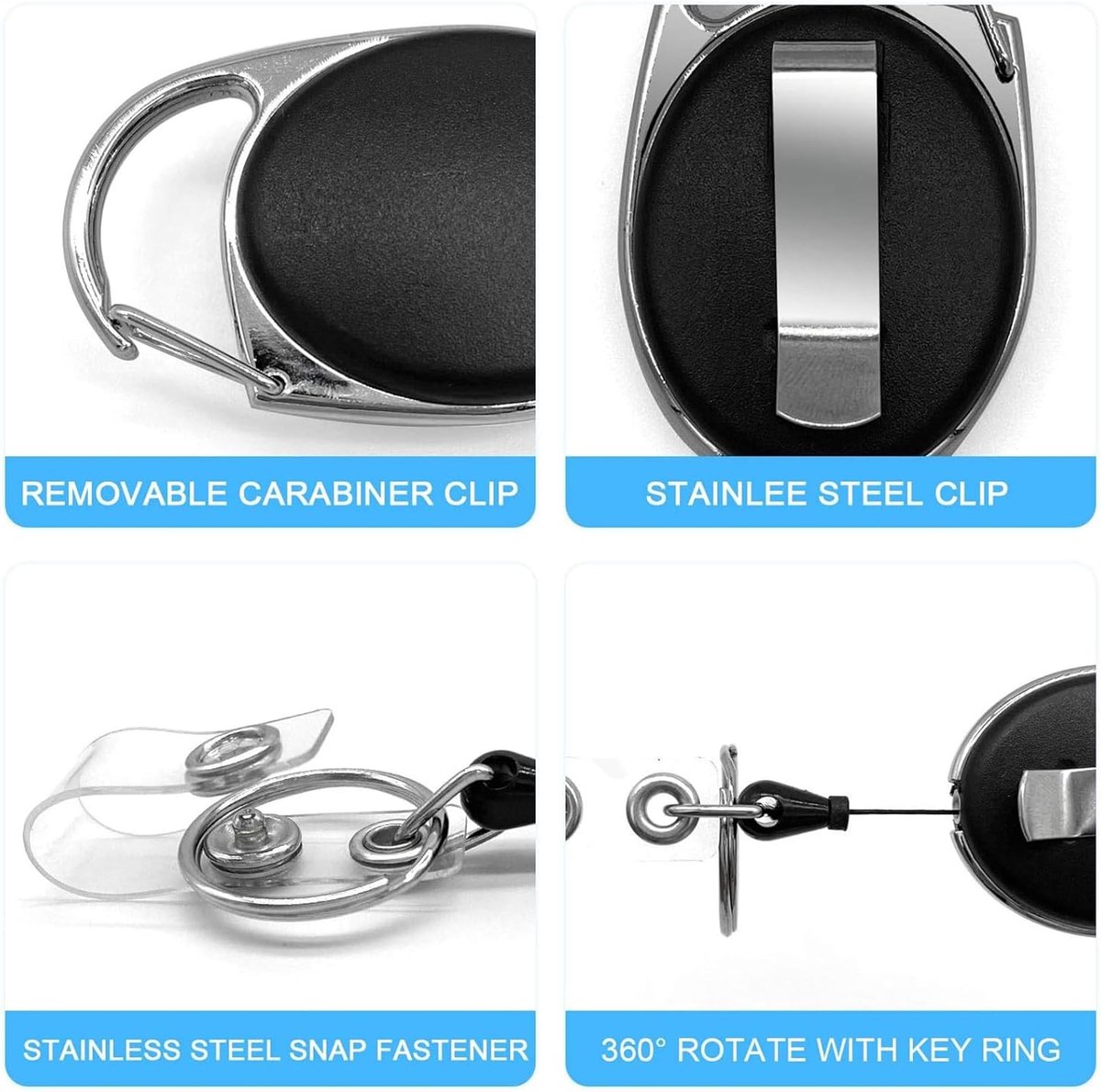 10 Retractable Badge Holders - Extendable Keychain - with Carabiner Belt Clip - D-Clip - Extendable Lanyard Keychain - Keys and Cards - Card Holder Drawstring - Keychain for ID Card Holder and Keychain - Image 3
