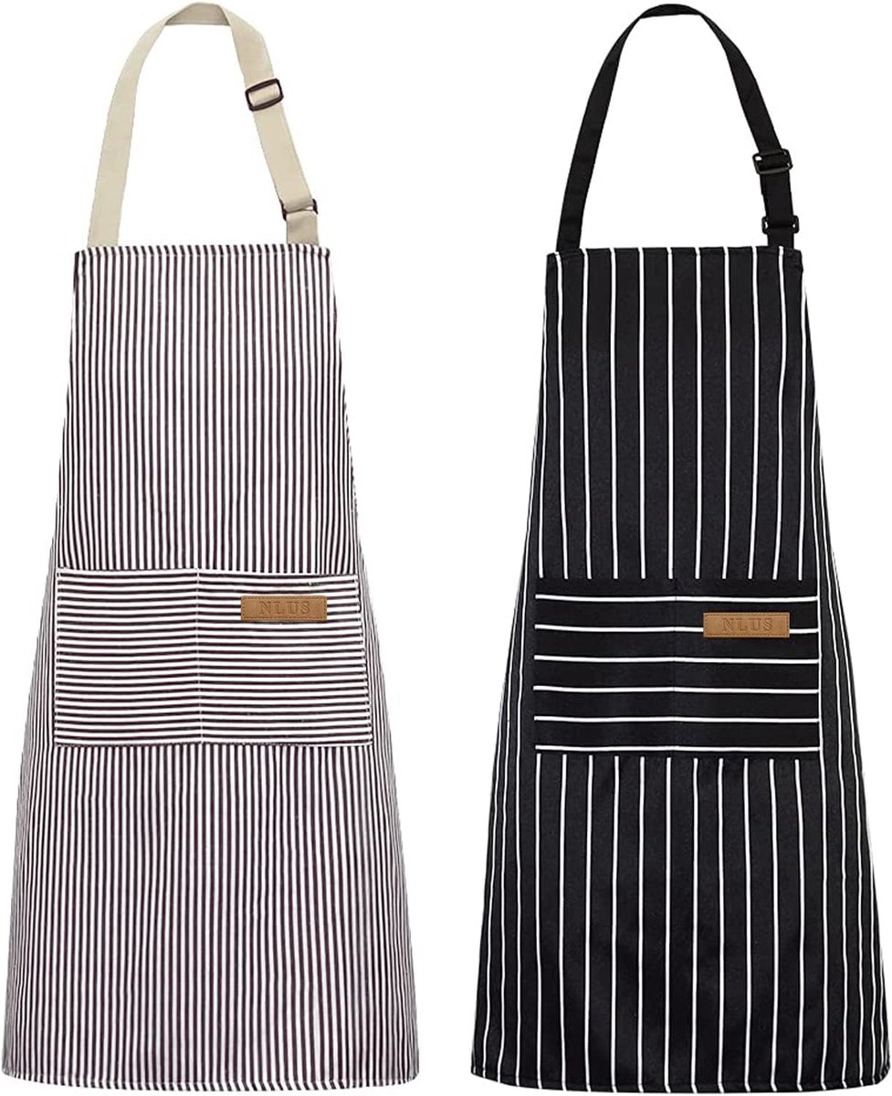 Kitchen Apron - 2 Pieces - Professional Cooking Apron - for Ladies and Gentlemen - Catering Apron - Easily Adjustable - BBQ Apron - Pottery Apron - Cooking Kitchen Aprons - kitchen cooking aprons - soft chef apron with 2 pockets - black/brown stripes - Image 1