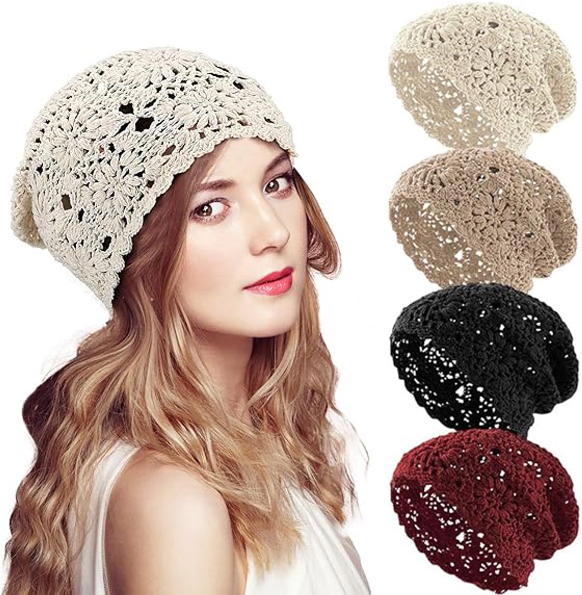 4-Piece Hat - Ladies' cotton crochet hat - Hand-knitted - Cotton hat for ladies crochet hats - Hand-knitted floral skull hats for autumn - cutouts - Knitted - Lightweight knitted hats for ladies - For Heads Of 55-61 Cm - Image 1