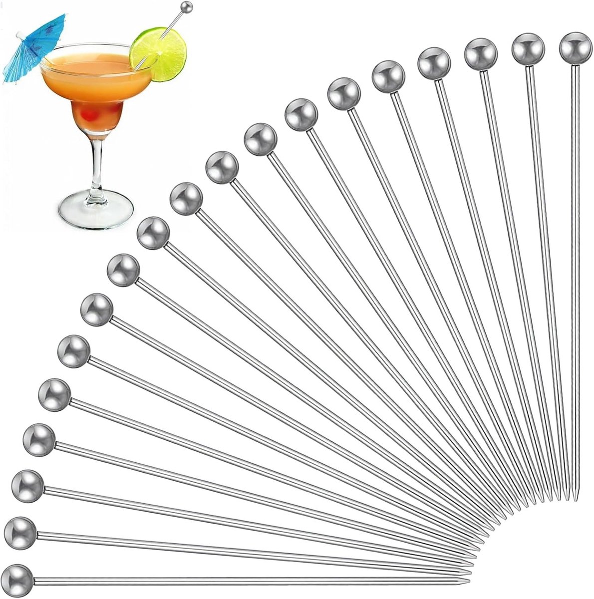 20 pieces - Cocktail picks - Stainless steel cocktail picks - 11 cm - Fruit sticks - Stainless steel fork - Cocktail sticks - reusable cocktail picks for drinks - metal cocktail picks - for snacks, decoration for fruit drinks - silver - Image 1
