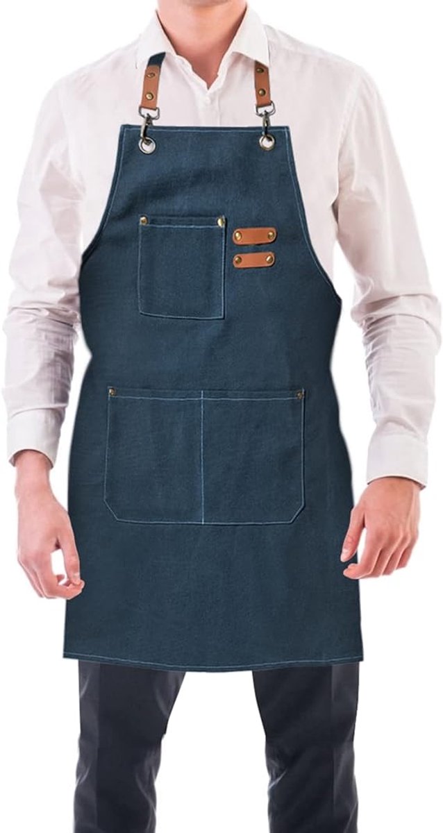 Men's Canvas Apron - Canvas Apron - 3 Pockets - Waterproof - Adjustable - Kitchen Apron for Men and Women - Apron for Barbecue, Restaurant, Garden, Carpenter - Easily Adjustable - Blue - 76 x 68 cm - Image 1