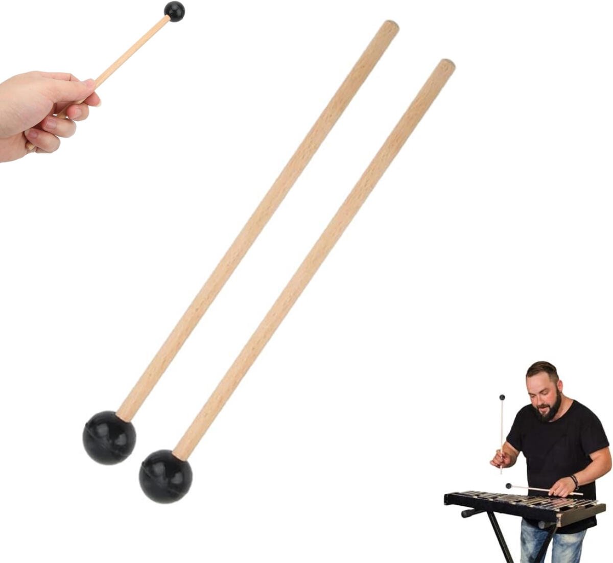 1 pair - Drumsticks - Mallets Sticks - Mallets - Wooden xylophone sticks - - hollow drumsticks - wooden percussion sticks with wooden handle - rhythm sticks - for glockenspiel, wooden block, percussion instruments - 18.7 cm - black - Image 1