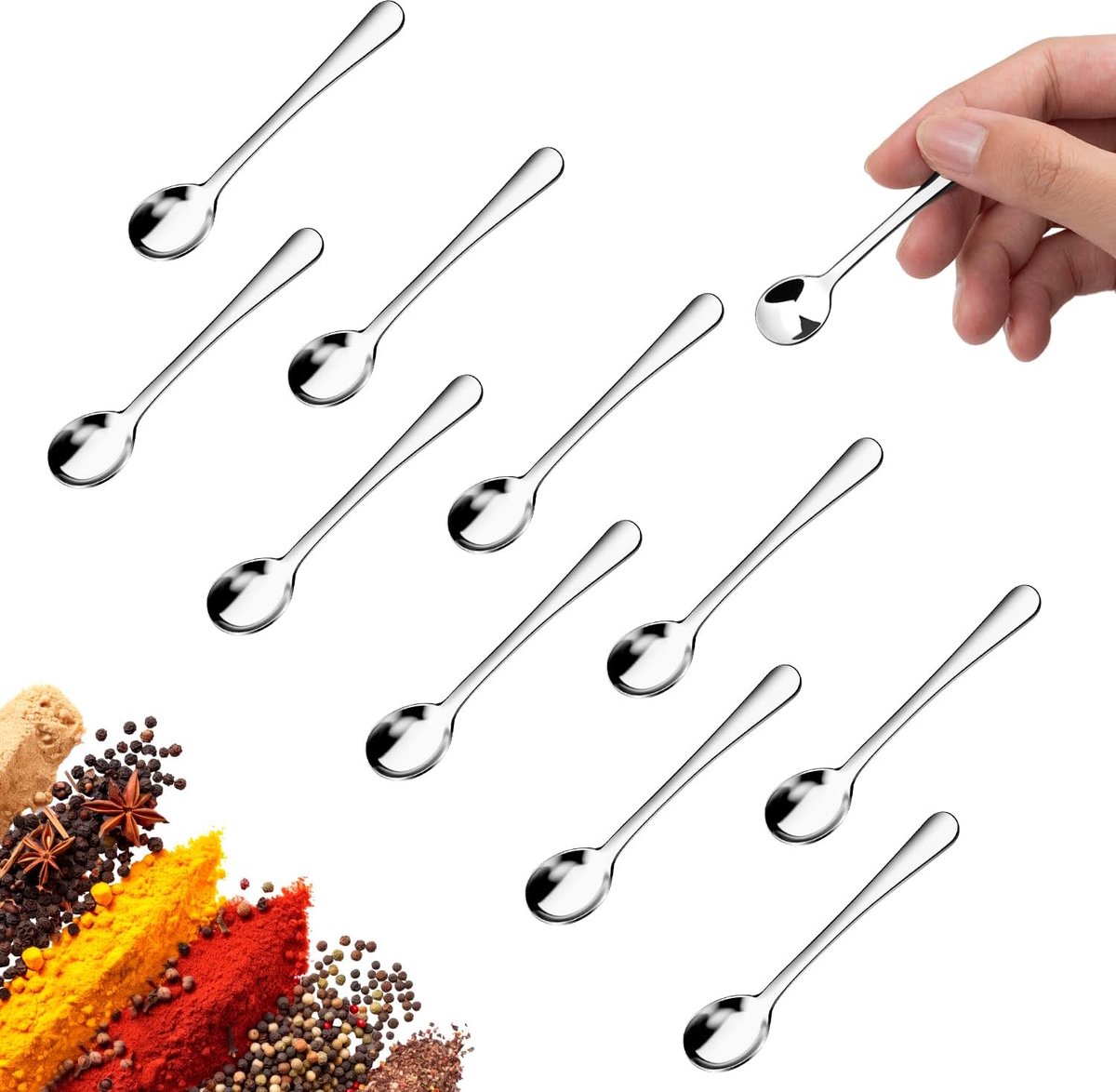 10 pieces - Spoon - Kitchen sauce spoon - Sauce spoon - Spice spoon - Small spoons for spice jars - mini spoons - Stainless steel small spoons - Kitchen utensils - for herbs, salt, pepper, spices, sugar, honey, coffee - 7.5 cm - silver - Image 1