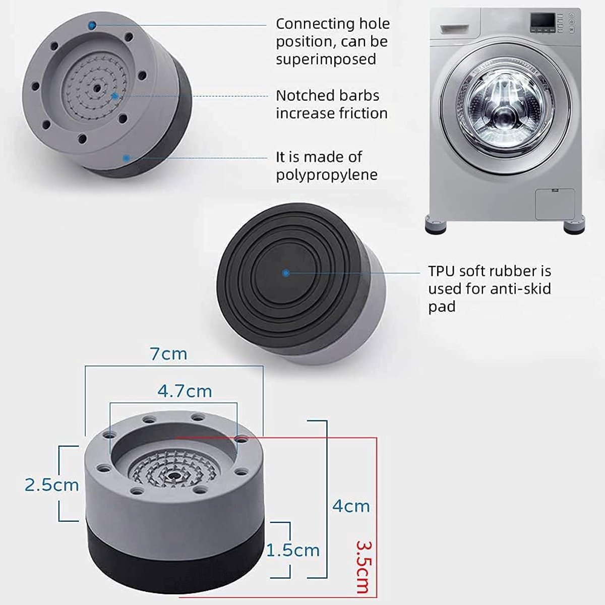4 Washing Machine Feet - Universal Anti-Vibration Pads for Washing Machines - Washing Machine Vibration Dampers - Non-Slip Rubber Pads - Washing Machine Feet - Stabilizer Foot - Washing Machine Sound Damper - For Washing Machines, Dryers, and Furniture - Image 3