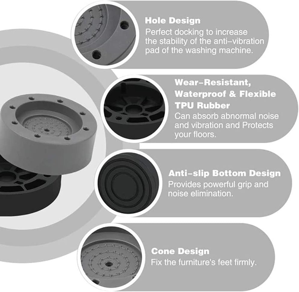 4 Washing Machine Feet - Universal Anti-Vibration Pads for Washing Machines - Washing Machine Vibration Dampers - Non-Slip Rubber Pads - Washing Machine Feet - Stabilizer Foot - Washing Machine Sound Damper - For Washing Machines, Dryers, and Furniture - Image 4