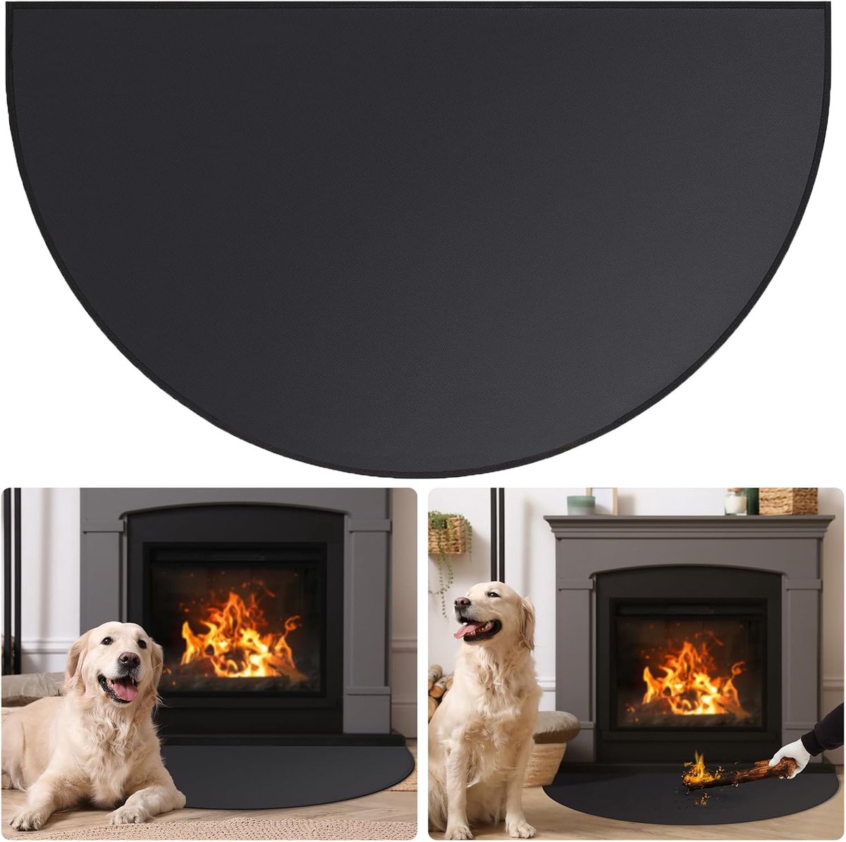 Fireplace Mat - 61 x 106 cm - Semi-circular spark protection plate - Fiberglass - 2-layer fire retardant - Fireproof Fireplace Mat & Fireplace Carpet - fire retardant mats - Semi-Round Fireplace Stove Carpet Protects Floors and Patios from Sparks - Black - Image 1