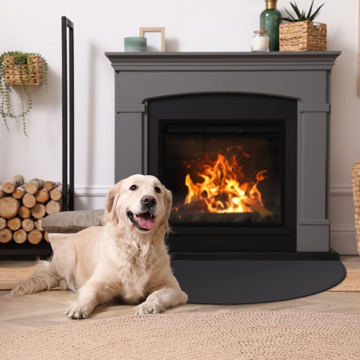 Fireplace Mat - 61 x 106 cm - Semi-circular spark protection plate - Fiberglass - 2-layer fire retardant - Fireproof Fireplace Mat & Fireplace Carpet - fire retardant mats - Semi-Round Fireplace Stove Carpet Protects Floors and Patios from Sparks - Black - Image 2