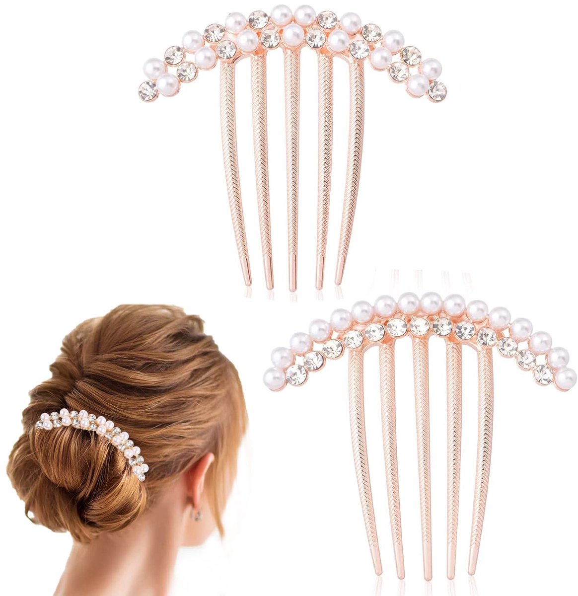 2 pieces - Hair comb - Hair clip - Hairpin - Hair clamps - U-shaped side comb - pearl side hair combs - crystal rhinestone hair comb - bridal hairpieces - decorative combs - hairpins - headwear - hair accessories - Image 1